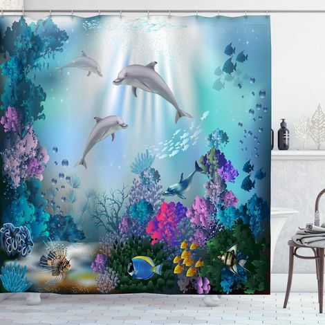 Rideau de Douche Motif Dauphin sous Mer Bleu Anti Moisissure Rideaux Baignoire Enfant Animaux Poisson Imprimé Long Polyester Tissu Imperméable 180x200 cm Lavable Machine avec Anneaux (1/5)