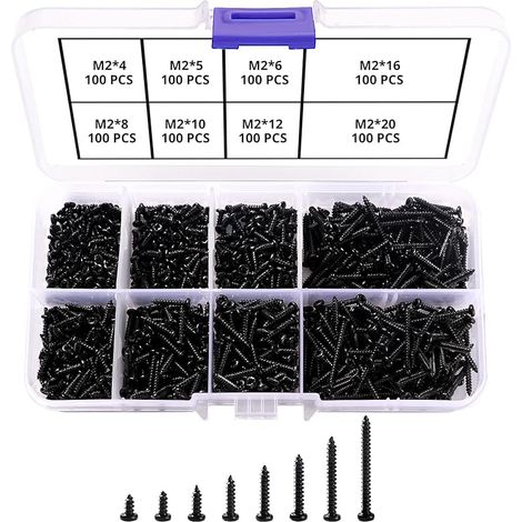 800 Pièces M2 Vis Autoperceuses à Tête Croisée, Vis Autotaraudeuse, Micro Vis à Tête Cylindrique, pour Plastique Bois Métal Mou (Vis Miniatures Noires)