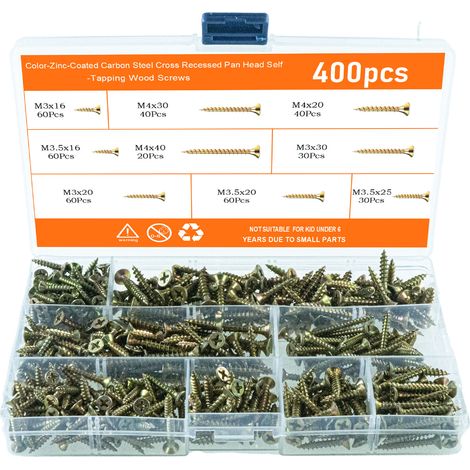 Jeu de 400 vis à bois autotaraudeuses universelles, M3, M3,5 et M4, à tête fraisée et cruciforme, filetage complet pour le bois. (1/5)