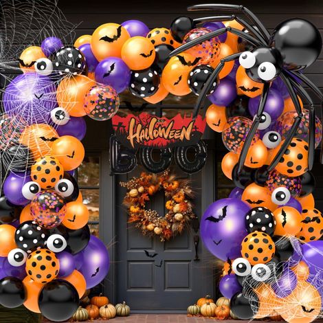 Kit d'arche de ballons d'Halloween (126 pièces) : ballons en forme d'œil, toiles d'araignée, chauves-souris et ballons festifs violets, oranges et noirs. Idéal pour décorer une arche de ballons pour H (1/5)