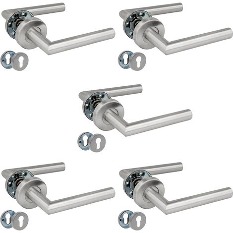 - Lot de 5 poignées de porte sur rosace  136 x Ø53 mm  Design Élégant et Simple  Idéal pour votre maison ou bureau  Acier Inoxydable  Argenté Mat  Inclut Entrée de Clé pour Cylindres