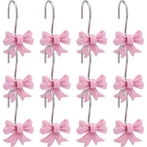 Lot de 12 Crochets Décoratifs pour Rideau de Douche avec Noud Papillon, Anneaux Métalliques pour Salle Bain Chambre Bébé Chambre d'enfant Décoration Artistique (Rose) (1/5)