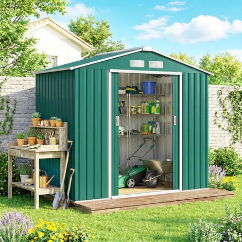 Abri de jardin en tôle avec portes coulissantes pour rangement d'outils, 213x130x185cm, couleur vert (1/5)