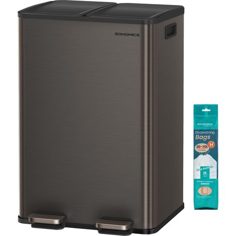 SONGMICS Cestino da Cucina, 2 x 30 L, 2 Scomparti, Pattumiera a Pedale con Coperchio a Chiusura Morbida e Secchio Interno, Acciaio Inossidabile, 15 Sacchi Inclusi, Grigio Ardesia LTB741G01 (1/5)