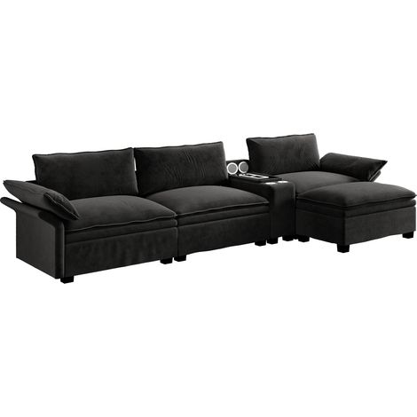 Canapé modulaire 4 places en chenille noire avec ottomane, éclairage, haut-parleurs et recharge sans fil (1/5)