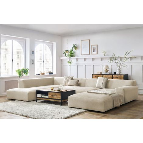 BOBOCHIC - Canapé panoramique fixe LAVENA tissu velours Angle droit Beige (1/5)