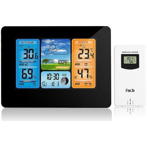 Prévision Couleur numérique Station météo avec Alerte et température/humidité/Baromètre/Alarme/Lune Phase/Météo Horloge avec capteur extérieur Noir (Noir) (1/5)