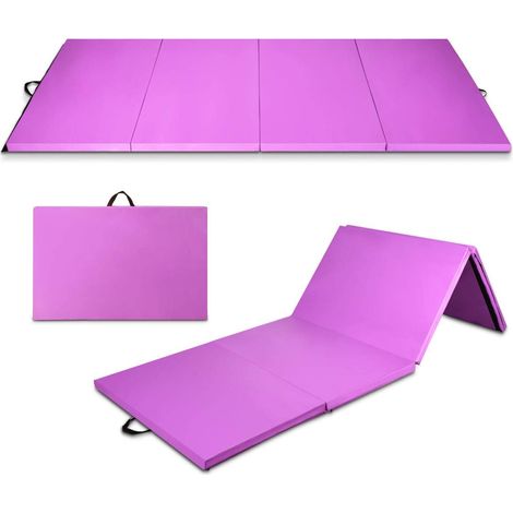 COSTWAY Tapis de Gymnastique Pliable Doux 240 x 116 x 5 CM, Matelas d'Entrainement en Mousse et PU Détachable avec Poignées Fermetures Auto-agrippantes, pour Gymnastes Yoga (Violet) (1/5)