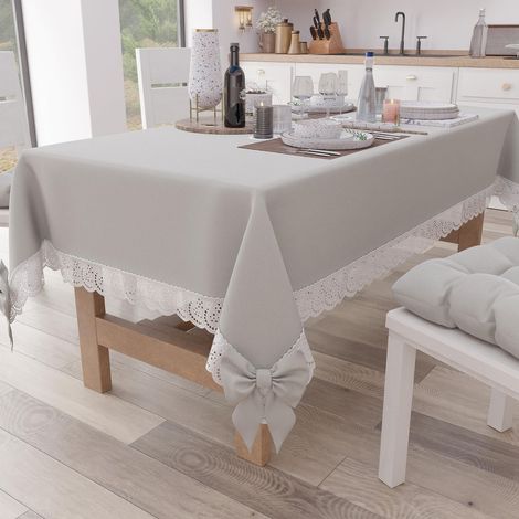 Nappe Rectangulaire Tissu avec Dentelle de Saint-Gall, Nappes de Table en Coton 12 Places, 140x240 cm, Gris Clair, Accessoires De Cuisine (1/5)