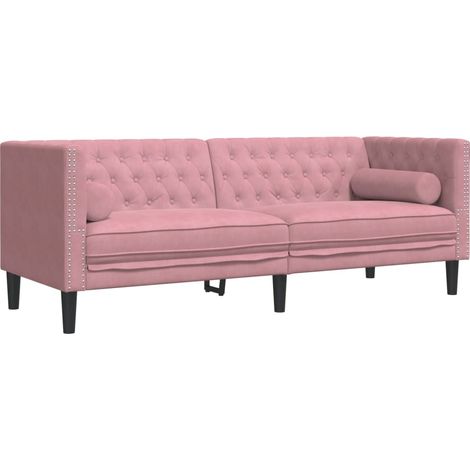 Canapé Sofa Chesterfield avec traversins 3 places rose velours (1/5)