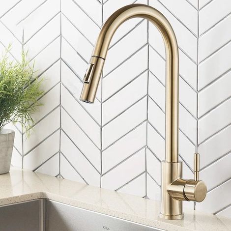 Robinet de cuisine pivotant avec bec rétractable – Finition or – Design élégant et fonctionnel (1/5)