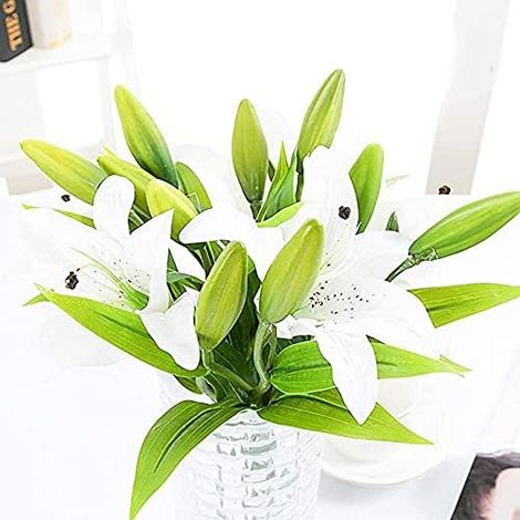 Fleurs Artificielles Faux Fleurs de Lys 5 Bouquets Faux Bouquet de Fleurs Real Touch Latex Artificial Lilies Flowers Faux Bouquets de Mariage Lily pour décor de fêtes de Mariage White-Fei Yu (1/5)