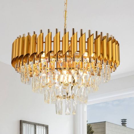 Lustre suspendu cristal doré, 9 lampes E14, D55xH38cm, hauteur réglable (1/5)