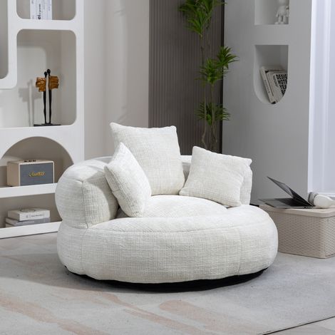 Fauteuil lounge en chenille beige avec dossier haut et 3 coussins, 108 x 108 x 52 cm (1/5)