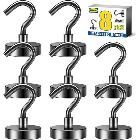 Lot de 8 crochets magnétiques en néodyme puissants de 10 kg + crochets magnétiques avec crochet, crochet magnétique noir pour croisière, salle de bain, cuisine, lieu de travail, bureau, garage (1/5)