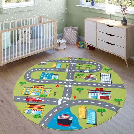 Tapis Pour Enfant Chambre D'Enfant, Tapis De Jeu Motif Rues Et Voitures, Vert [Ø 160 cm rond] (1/4)