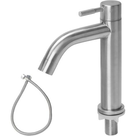 Stainless Steel Cold Water Tap, Cold Water Hand Basin Tap with Hose, Basin Mixer Tap, Bathtub Tap for Guest Toilet, Bathroom, Easy Installation (Curved Outlet) (1/5)
