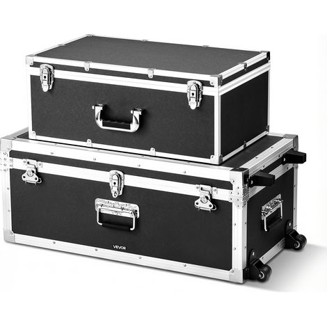 VEVOR Cajas de Transporte y Almacenamiento 2 Piezas, Pequeña de 600 x 350 x 240 mm, Grande de 763 x 392 x 312 mm con Ruedas, Caja de Madera con Cerradura Asas de Metal, para Viajes Equipo, Color Negro