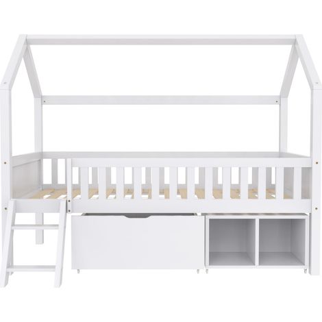 Cama casita infantil 90x200 cm blanca con cajones, estantes, escalera y barrera de seguridad (1/5)