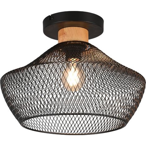 VALERIA PLAFONIERA METALLO GABBIA NERA CON PARTICOLARE IN LEGNO NATURALE D. 35CM 1 ATTACCO E27 (1/5)