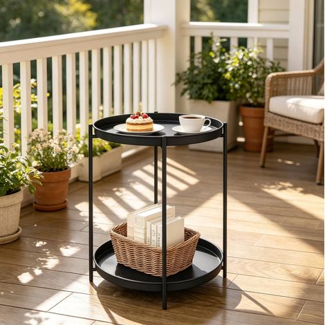 Table d’appoint ronde en métal 44 x 44 x 53 cm noire, 2 plateaux amovibles et pieds réglables (1/5)
