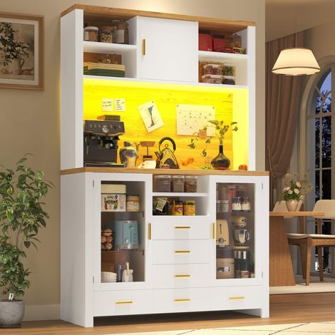 Buffet haut blanc et effet bois 120 x 40 x 188 cm avec rangements, tiroirs, étagères en verre, LED contrôlable par application (1/5)