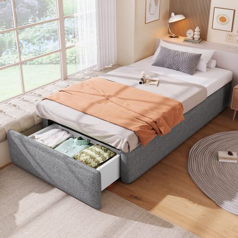 MEUBLIV Bett 90x200 cm grau – mit hydraulischem Stauraum und Schublade, ohne Matratze (1/5)