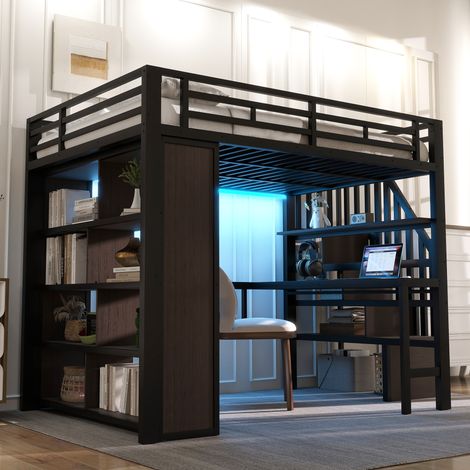 Lit mezzanine 140x200 cm adulte avec bureau, étagères, escalier avec rangement, LED pilotée par appli, métal noir