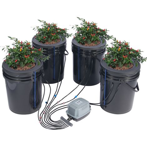 VEVOR DWC Sistema de cultivo hidropónico, kit de goteo superior, cultivo en agua profunda de 20 l, 4 cubos, con bomba de aire, piedras de aire, dispositivo de nivel de agua, para verduras de hoja