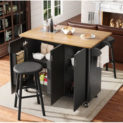 Carrito de cocina sobre ruedas 130x45x92 cm con bandeja abatible, toallero y especiero, en MDF, negro (1/5)