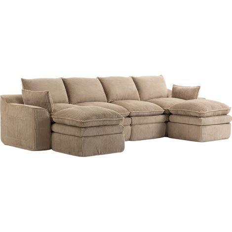 ELVMI Divano modulare 4 posti con 2 pouf, tasche laterali e cuscini, in tessuto a coste, Kaki (1/5)