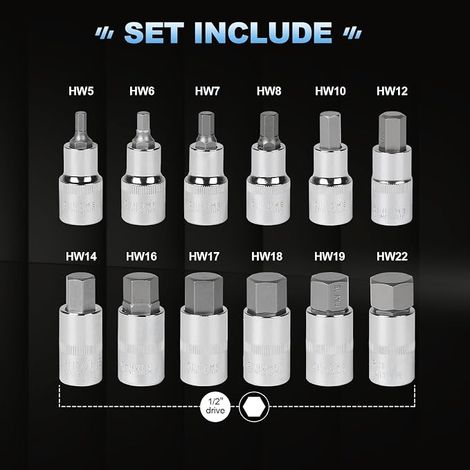 Allen Sockets 1/2 Inch, Allen Sockets 5, 6, 7, 8, 10, 12, 14, 16, 17, 18, 19, 22 mm, 6-Sided Hollow, 1/2 Inch Outer Six-Sided Plastic Case, Black (1/4)
