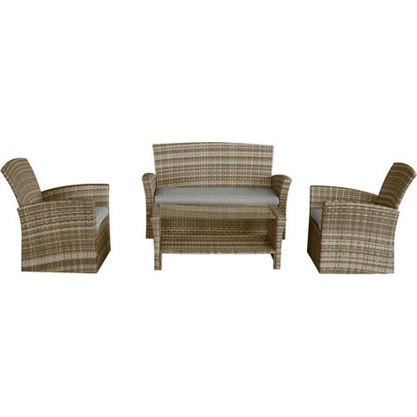Century - Salotto da giardino in alluminio e polyrattan con divano 2 posti + 2 poltrone + tavolino con ripiano in vetro 5mm. Set da giardino lounge completo di cuscini colori neutri