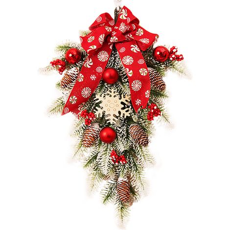 (Boîte en carton + 2 yuans) Sapin de Noël suspendu à l'envers de 55 cm, décoration de porte de Noël, décoration de scène, sapin suspendu en rotin, décoration murale (style 3) (1/2)