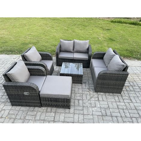 Fimous 7-Sitzer Rattan Sofa Set Outdoor Gartenmöbel Set mit quadratischem Couchtisch Loveseat Sofa Liegestühle Großer Fußhocker Dunkelgrau Gemischt (1/5)