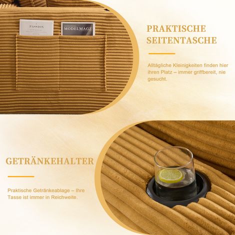 Canapé modulable 4 places avec 2 repose-pieds, coussins inclus, porte-gobelets, poches latérales, mousse + ressorts, velours côtelé orange – salon, bureau (1/4)