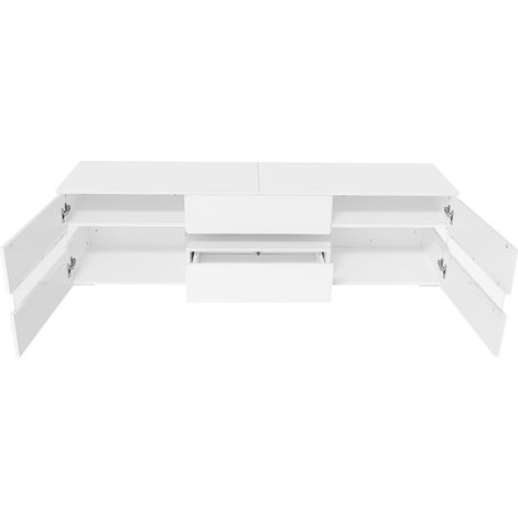 Mueble TV blanco brillo 160x39x45 cm con LED, 2 puertas, cajón y hueco abierto (1/5)