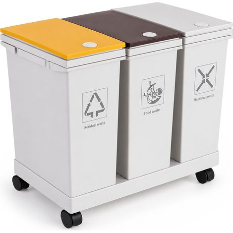 Relaxdays Waste Bin, 3 Compartments, 3 x 12 l, Castors, Bag Holder, Push Lid, Plastic, Waste Sorting System, White (1/5)