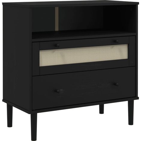 Credenza buffet cassettiera mobile contenitore organizer cucina soggiorno soggiorno effetto rattan 80 x 40 x 80 cm legno massiccio di pino nero 020036239