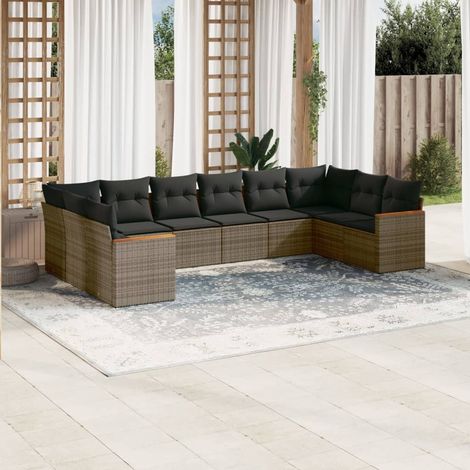 Salon de Jardin Modulaire 10 Places en Résine Tressée Gris avec Coussins Lavables  Cadre Acier 55x55cm  2 Canapés, 2 Coins, 6 Centraux (1/5)