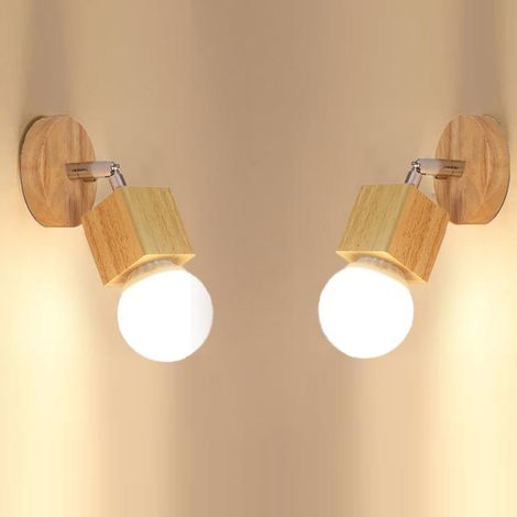 Set of 2 Wooden Interior Wall Light Decorative Retro Wall Lamp 350° Rotating Industrial Wall Lighting E27 Ceiling Light for Hallway Bedroom Bar (Square) (1/5)