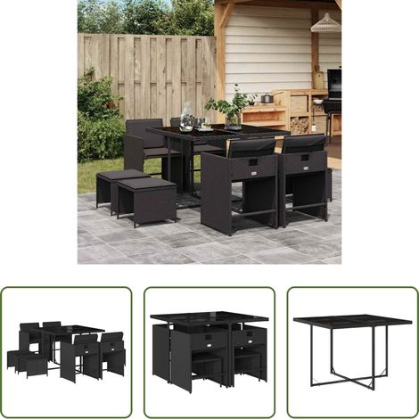 Chaises de jardin - Ensemble à manger de jardin 9pcs coussins noir résine tressée (1/5)
