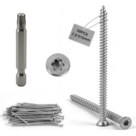 30 PCS Vis de Cadre de Fenétre 7.5 mm x 212 mm avec Torx 30 Bit, Vis Béton Téte Fraisée, Vis d'Ancrage Direct pour Béton, Portes et Fenêtres, Murs (1/5)