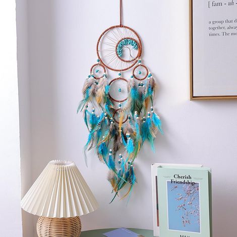 Grand attrape-rêves bleu fait à la main avec cristaux turquoises pour chambre d'adulte, cadeau fait à la main pour amis et famille (turquoise) (1/3)