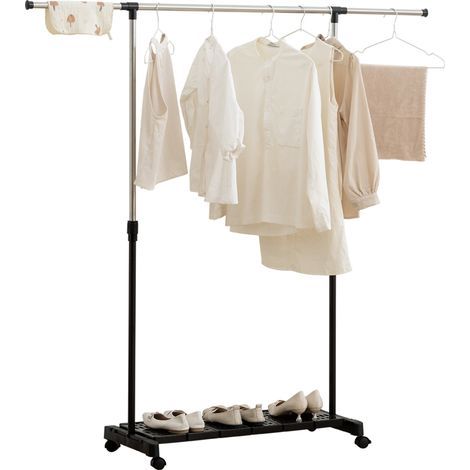 Étendoir à linge extensible à roulettes, barre et étagère à chaussures en acier inoxydable, 159 x 42 x 168 cm, noir et argent (1/5)