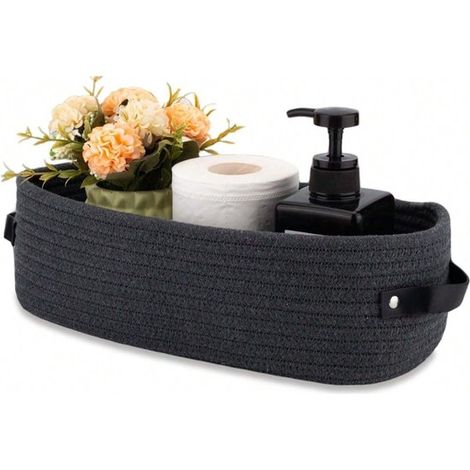Cestino portaoggetti da piano del bagno, scatola in corda di cotone intrecciata per carta igienica, contenitore decorativo per serbatoio, letto, soggiorno, nero (1/5)