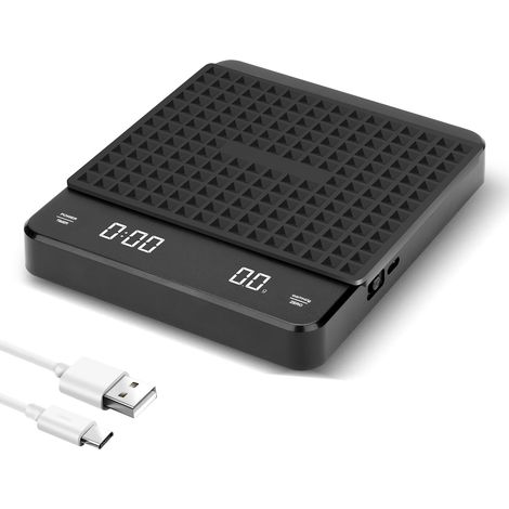 Digitale Kaffeewaage mit Timer, 0,1 g Genauigkeit, großem Display, automatischer Tarafunktion, Touch-Tasten, wiederaufladbar für Filterkaffee, max. 3 kg