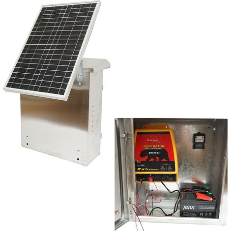 Elettrificatore da 12 Joule, DC12V/220V, con pannello solare da 30W e batteria da 12V 12Ah, contenitore in acciaio inox, per recinto elettrico