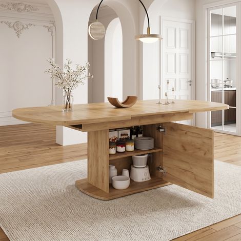 Table à manger extensible ovale, L140-200xW80xH75cm, table de cuisine gain de place avec rangement pour salle à manger, Chêne (1/5)