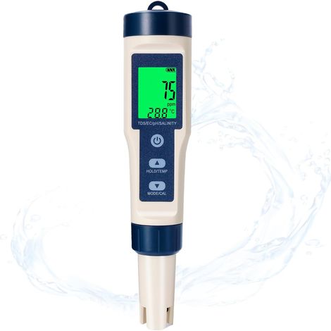 Testeur pH 5 en 1 Numérique, pH Mètre avec Automatique de la Température, Précision 0.01, Mesure pH, TDS, EC, Salinité et Température, Testeur d'Eau pour Piscine, Hydroponie, Aquarium, Eau Potable (1/5)